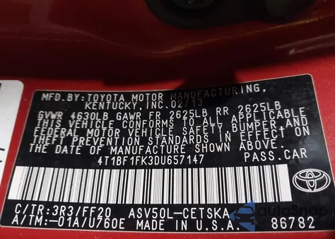 2013 Toyota Camry Se from USA, damaged, VIN 4T1BF1FK3DU657147